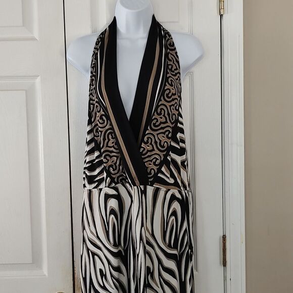 Venus halter black white tan wide leg jumpsuit Sz M - Picture 4 of 8